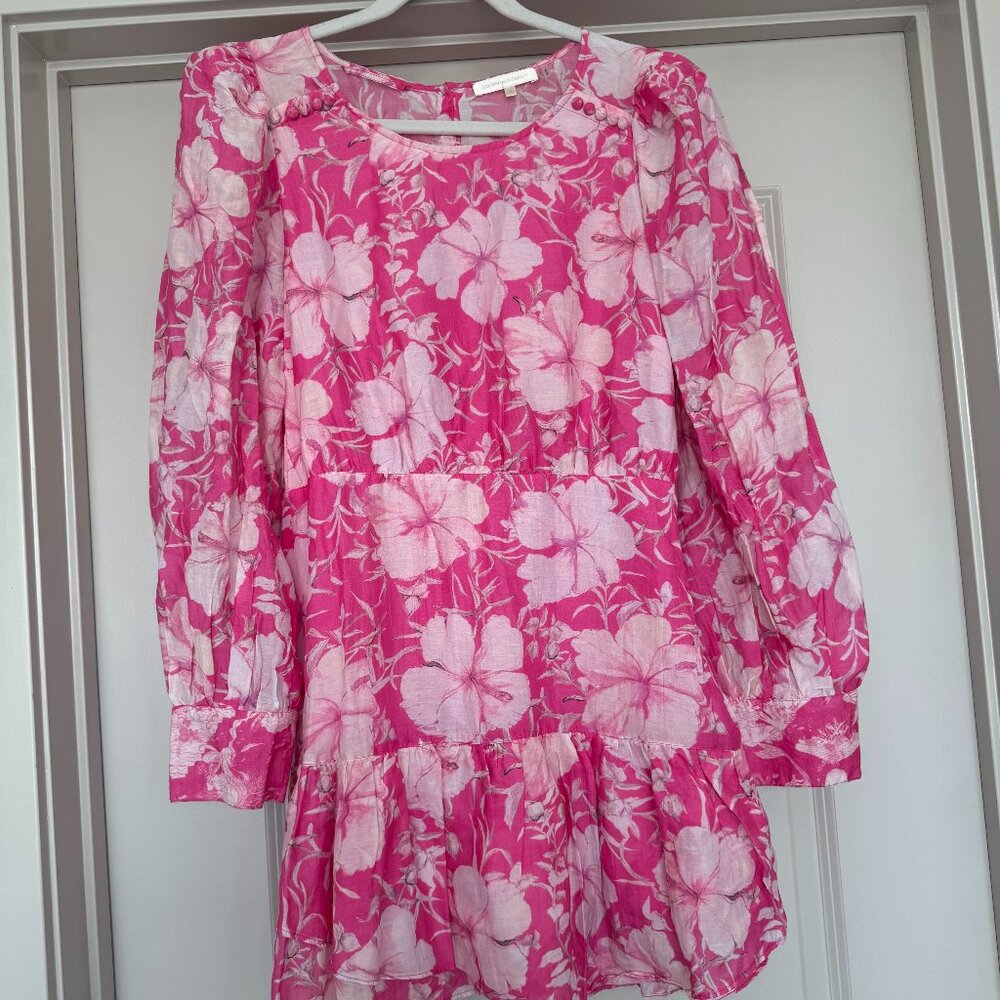 NWOT LoveShackFancy PinkFloral Cotton Silk Teyana Mini Dress Holiday Sun Fuschia